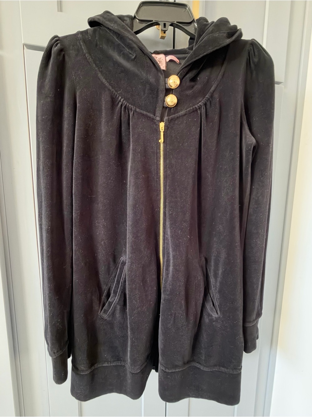 Juicy Couture Black Velour Longline Full Zip Hoodie Gold Crest Buttons Size M
